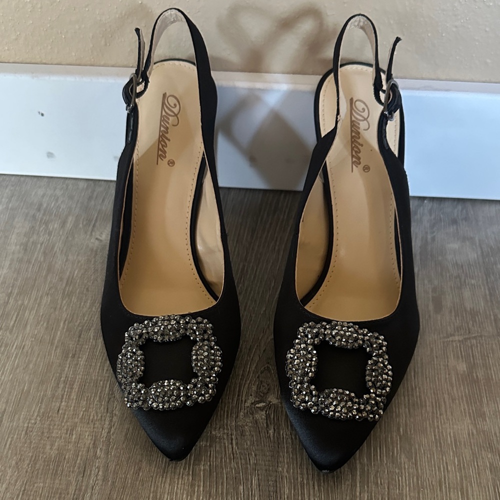 dexflex comfort Black Pointed Slingback Heels with Rhinestone Buckle